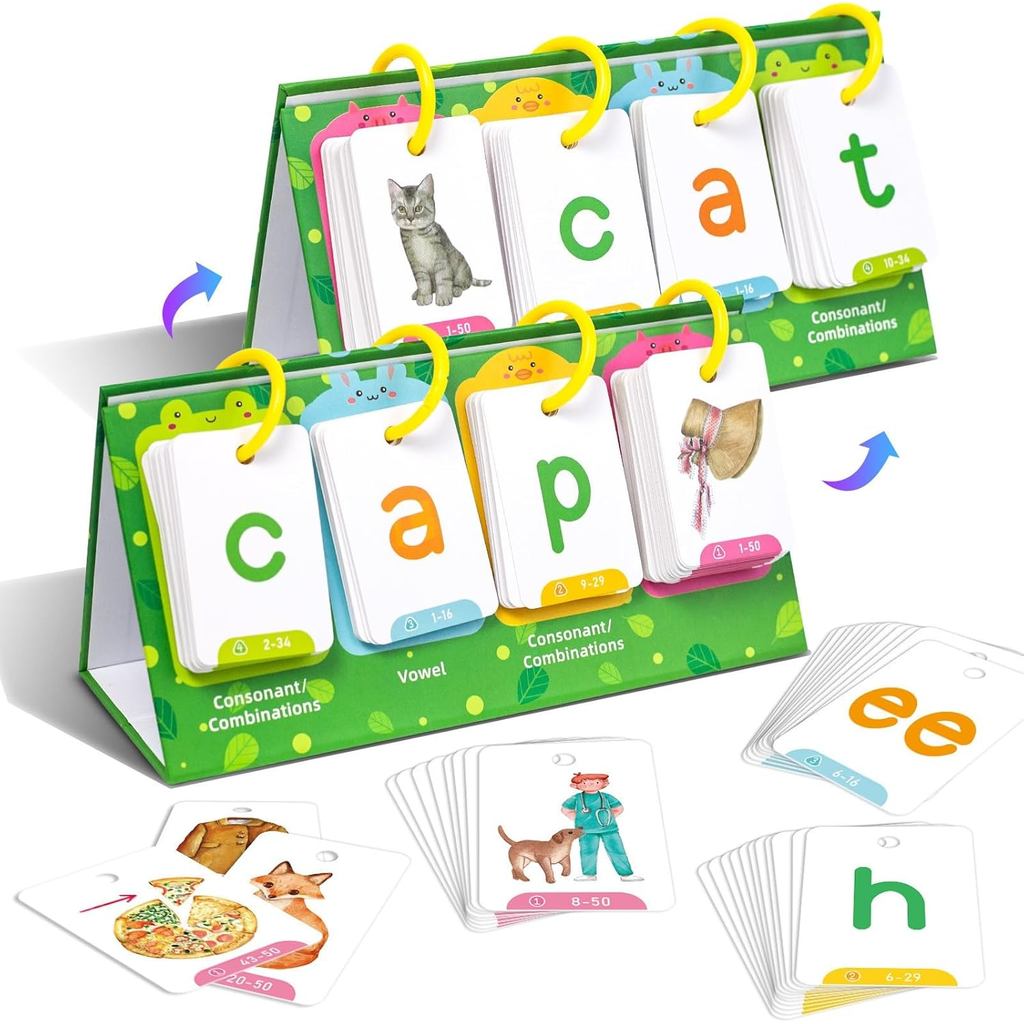 Lachilly CVC Word Flip Chart, 100 CVC Words Builder Game, Phonics Flash Cards, Sight Words Games กิจ