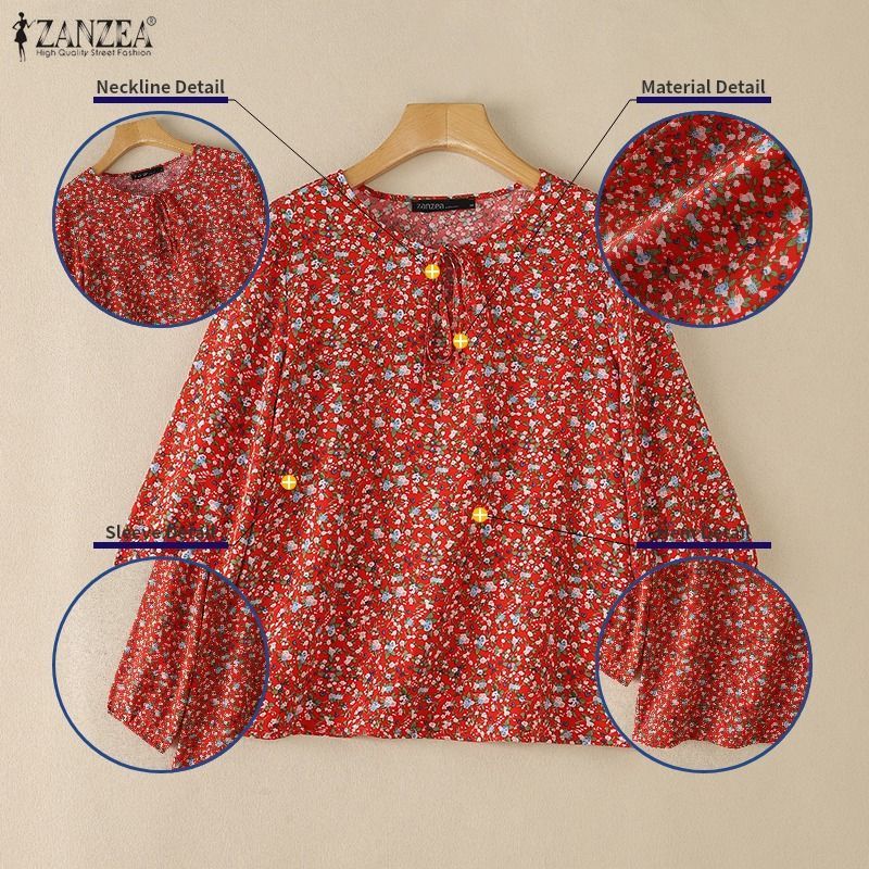 ZANZEA ใส่ ซานเซีย ผู้หญิงเกาหลีทุกวันหลวมดอกไม้พิมพ์ โอ คอ3/4แขนเสื้อคอ — صورة 7