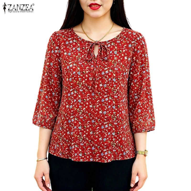 ZANZEA ใส่ ซานเซีย ผู้หญิงเกาหลีทุกวันหลวมดอกไม้พิมพ์ โอ คอ3/4แขนเสื้อคอ — صورة 4