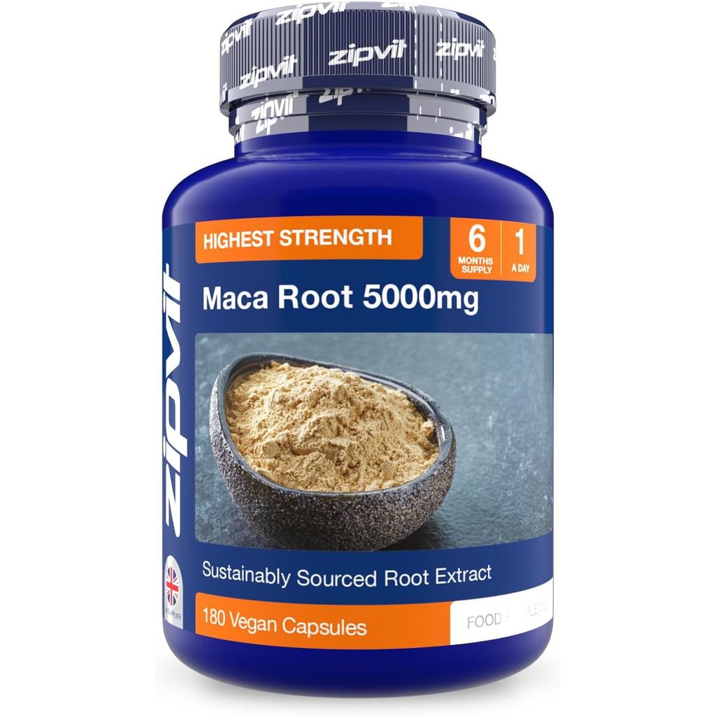 Zipvit Maca Root Capsules 5000mg, 180 แคปซูลมังสวิรัติ, 6 เดือน ply, Black & Yellow Maca Root Powder