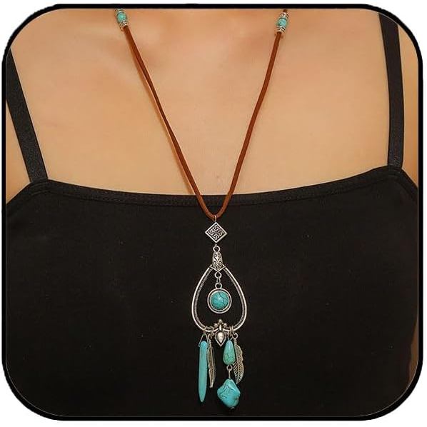 JOOKCI Boho Turquoise Feather จี้สร้อยคอ - Vintage หนังชาติพันธุ์เครื่องประดับสําหรับผู้หญิงสําหรับ 