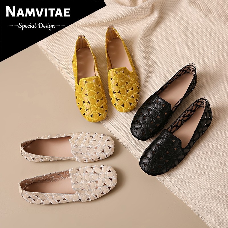 NAMVITAE รองเท้าส้นแบนผู้หญิงแฟชั่นระบายอากาศได้ดีผ้าน้ำหนักเบา
