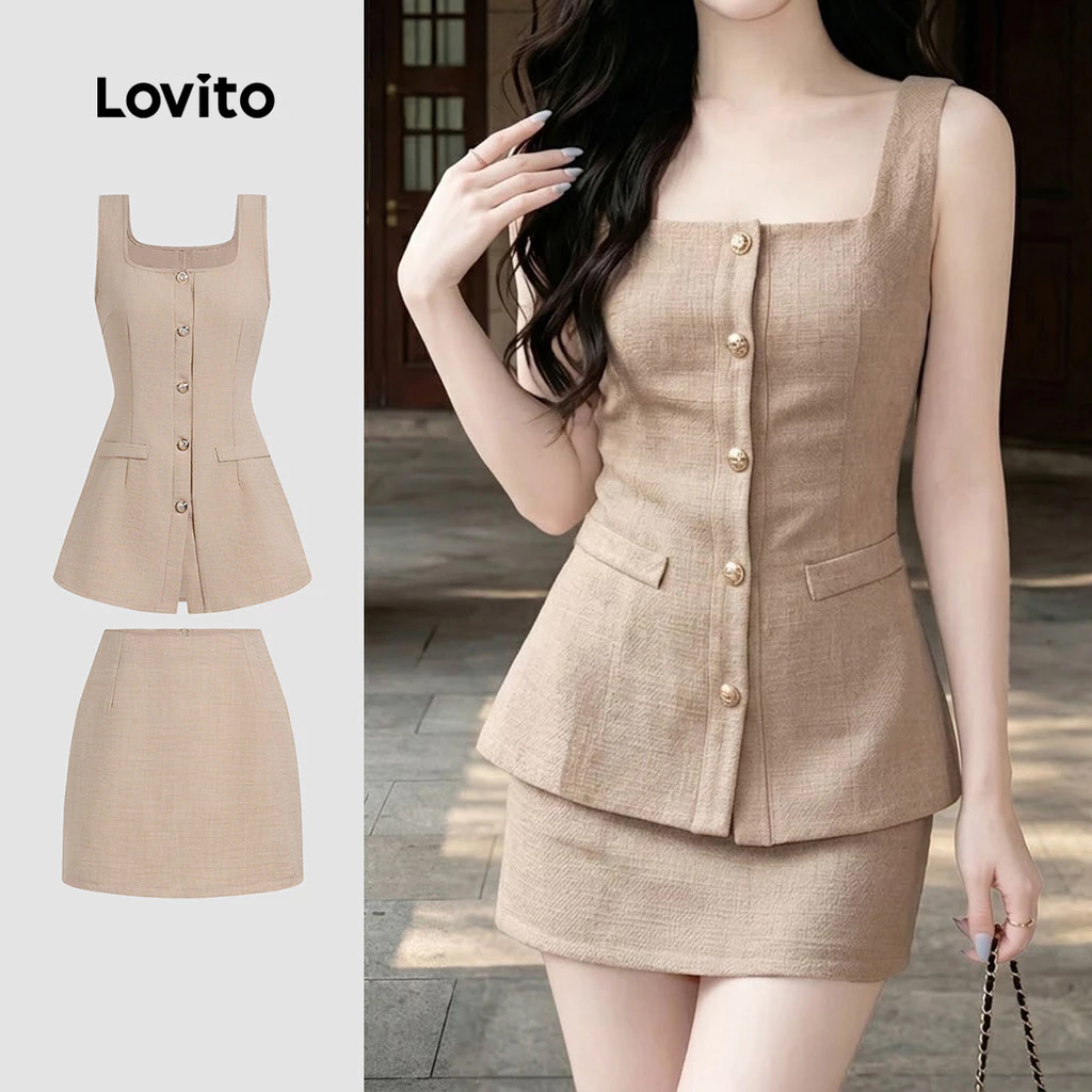 (New Arrival) Lovito เสื้อหรือกางเกงลําลองแบบติดกระดุม กระเป๋าลวง ท็อปผ้ากากีสําหรับฤดูใบไม้ผลิ/ฤดูร้อน L196ED660