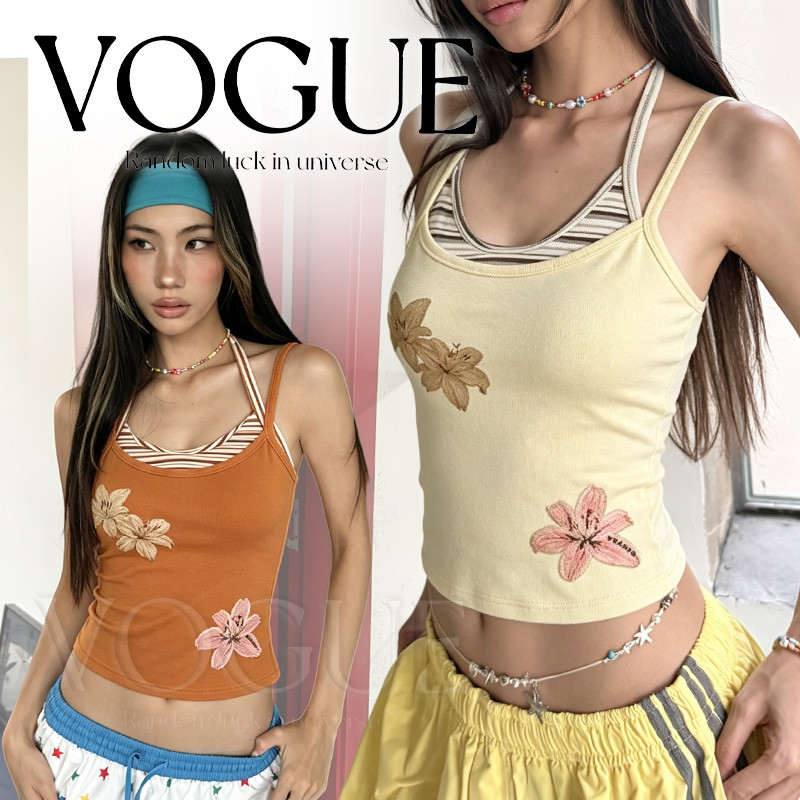 Vogue พร้อมส่ง เสื้อยืดสายเดี่ยวลายดอกไม้ ดีไซน์ผูกคล้องคอลายทาง มีฟองน้ำในตัวทรงสวยทันสมัย (FY675)