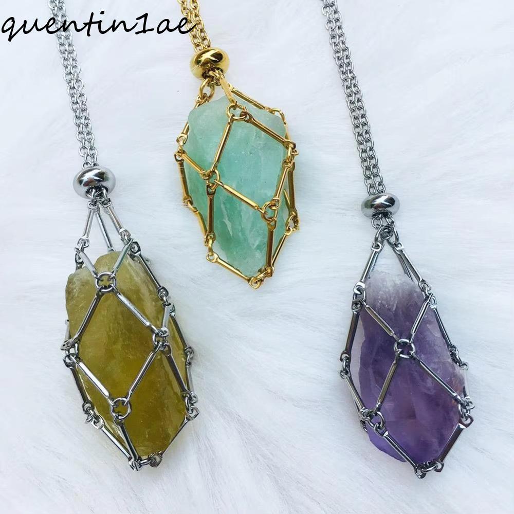 QUENTIN1AE สร้อยคอสแตนเลส,โซ่โลหะ DIY คริสตัลกรงสร้อยคอ,อุปกรณ์เสริมคอเครื่องประดับหินเก็บสุทธิกระเป