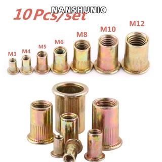 NANSUNIO 10 ชิ้นหัวแบน Rivnut, M3 M4 M5 M6 M8 M10 M12 ใส่ Nutsert หมวกเหล็กคาร์บอน Rivnut, ทนทาน Metalworking อุปกรณ์เสริมชุดเครื่องมือเกลียว Rivet Nut บ้าน DIY