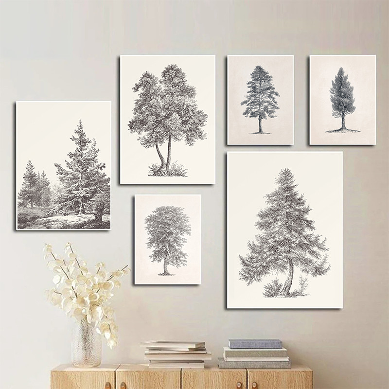 ต้นไม้โบราณ Beech Betula Cypress Ash Tree Sketch Retro โปสเตอร์ผ้าใบพิมพ์ Wall Art รูปภาพ