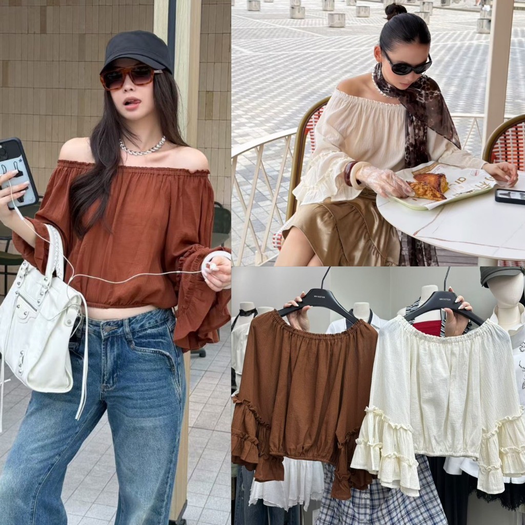 ❤ 🧵 🇰🇷 SU537 Off-Shoulder Crop เสื้อปาดไหล่ผ้าเนื้อเท็กซ์เจอร์ย่นนุ่มเบาสบาย แฟชั่นเกาหลี TAG MM Fish 🧡
