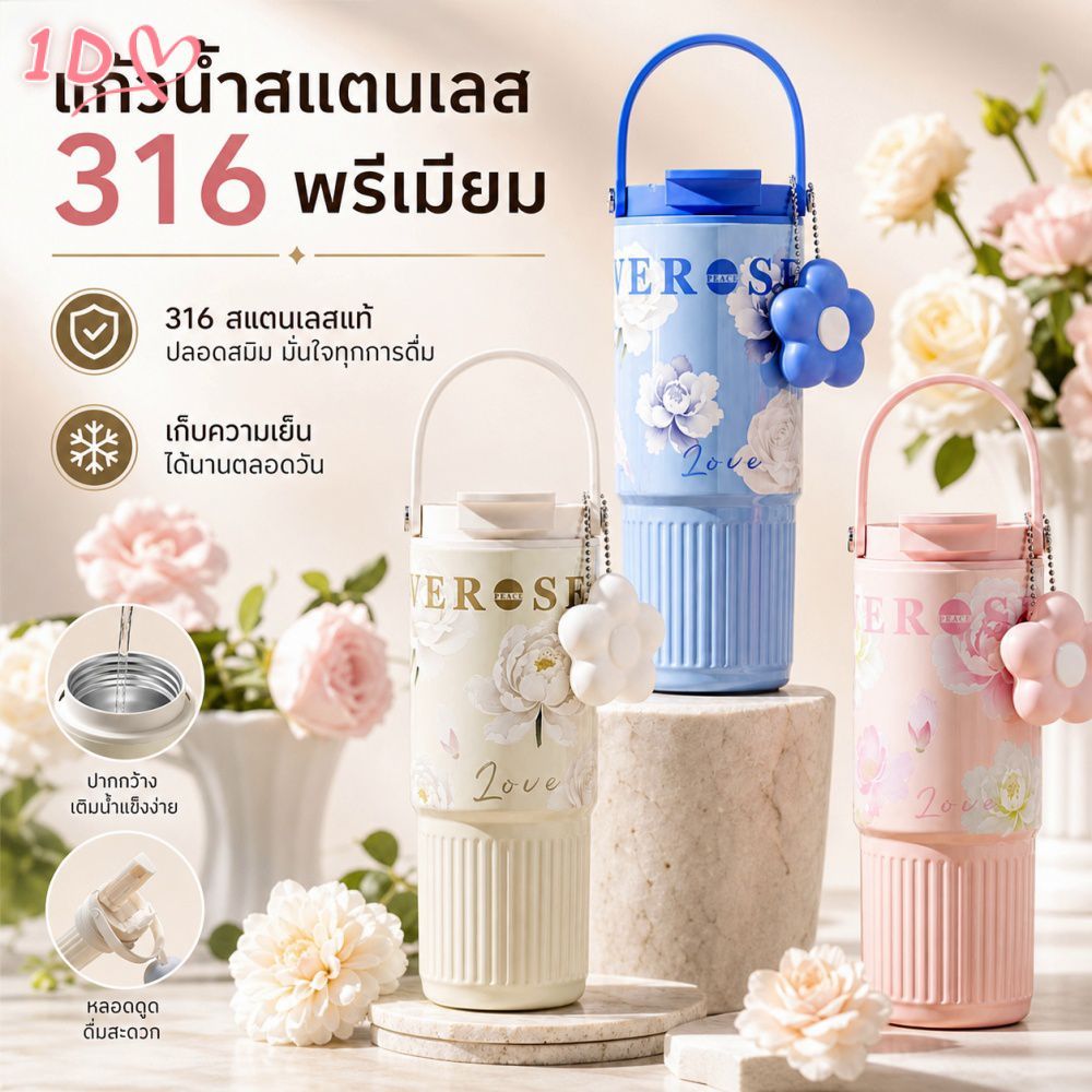 แก้วน้ำสแตนเลส 316 ความจุ 900 มล. พร้อมหูหิ้ว ฉนวนกันความร้อน ป้องกันการรั่วซึม เหมาะสำหรับดื่มกลางแจ้ง เล่นกีฬา