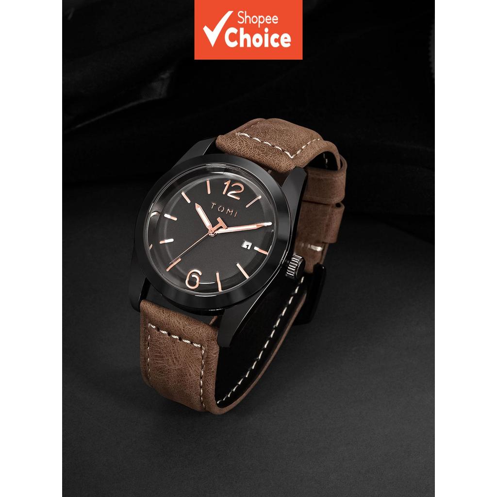 Tomi Mens Pu Leather Single Calendar Watch Minimalist Business Style Gift for Christmas Black Friday