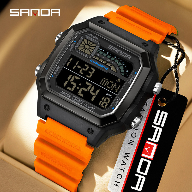 SANDA Original Unisex นาฬิกาเหล็ก/TPU สายคล้องคอนาฬิกาจับเวลา 2 เวลา 5ATM Luminous นาฬิกาปลุกปฏิทิน