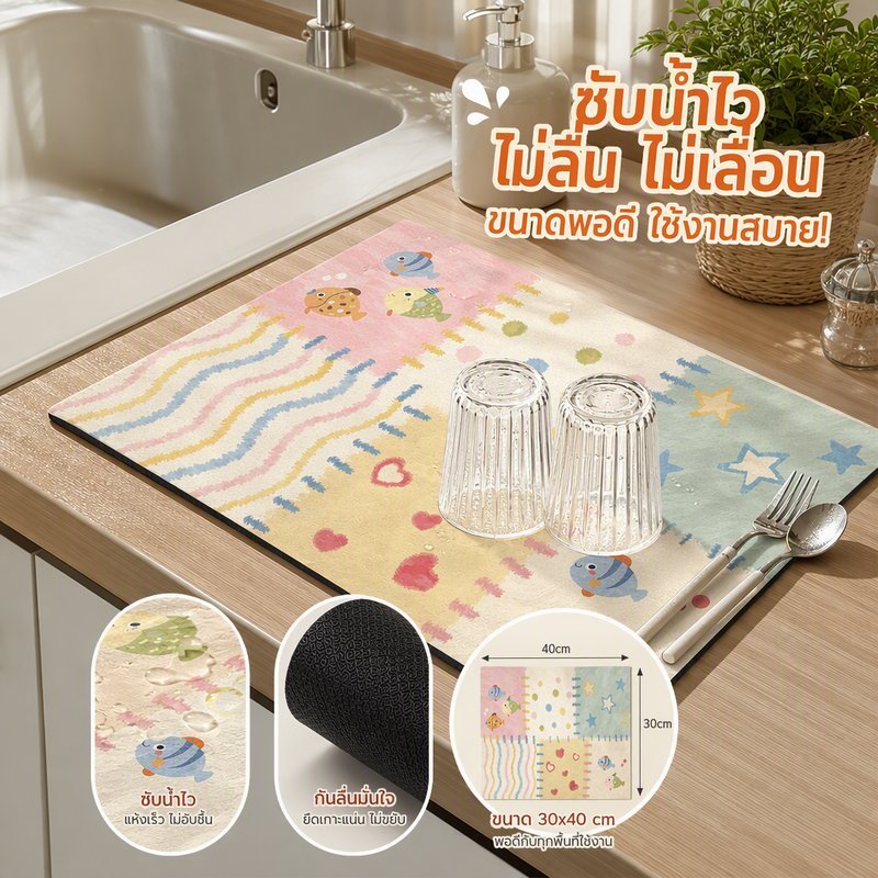 แผ่นรองซับน้ำ อ่างล้างจาน ระบายน้ำ แห้งเร็ว กันลื่น ลายการ์ตูน มาการอง รองจาน ที่รองแก้ว