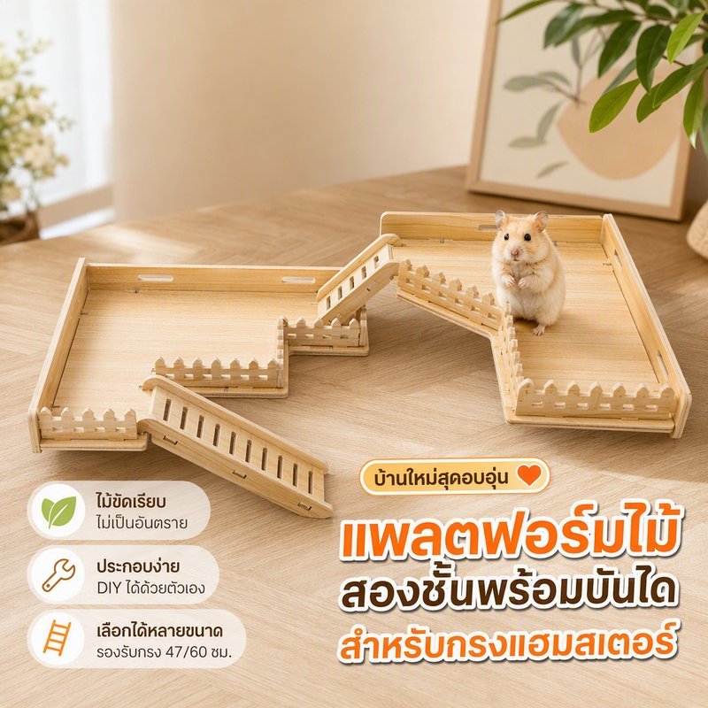 แท่นวางสำหรับกรงแฮมสเตอร์ ไม้ 2 ชั้น พร้อมบันได ทนทานต่อการกัดแทะ เหมาะสำหรับกรงขนาดมาตรฐาน 47/60