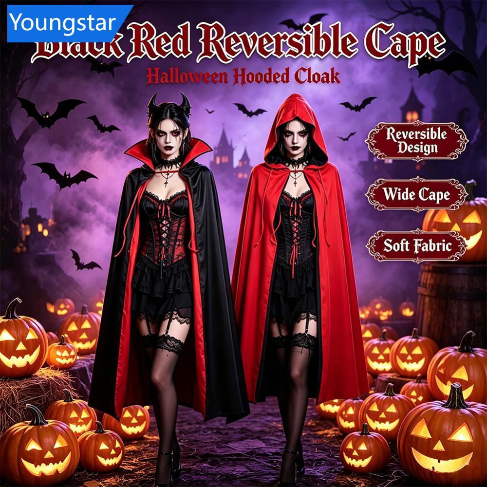 FYY Stand Collar Vampire Cape สีแดงสีดํา Reversible Hooded Cloak ผู้ใหญ่เด็กฮาโลวีนเครื่องแต่งกายสํา