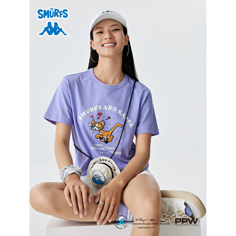 ขายร้อน KappaX Smurf Joint แขนสั้นใหม่หญิงการ์ตูนพิมพ์เสื้อยืด 100% ผ้าฝ้ายพรีเมี่ยมลูกเรือคอแขนสั้น