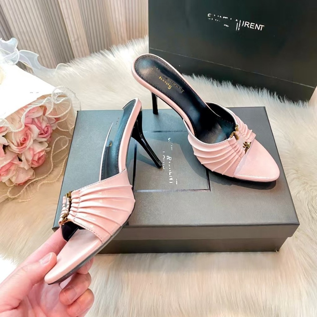 4S7T รองเท้าแตะสิทธิบัตรหนังหัวเข็มขัดผู้หญิง Stiletto รองเท้าส้นสูงครึ่งฤดูร้อน ys รองเท้าแตะแฟชั่น