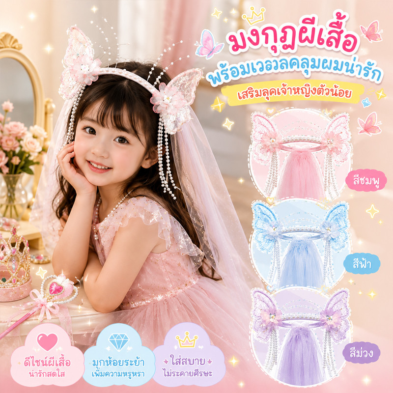 เครื่องประดับผมเด็ก เครื่องประดับผม สไตล์เจ้าหญิง โบว์ มีผ้าคลุมหัว ของขวัญวันเกิด น่ารัก