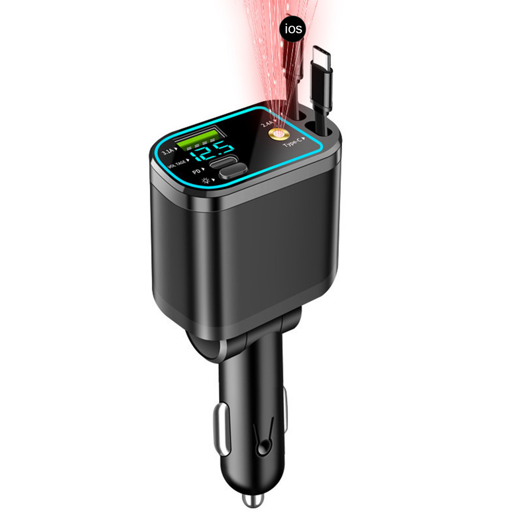 Ღ 4-in-1 Fast Charging Car Charger ไฟแช็ก USB Charger สําหรับการเดินทางยาว