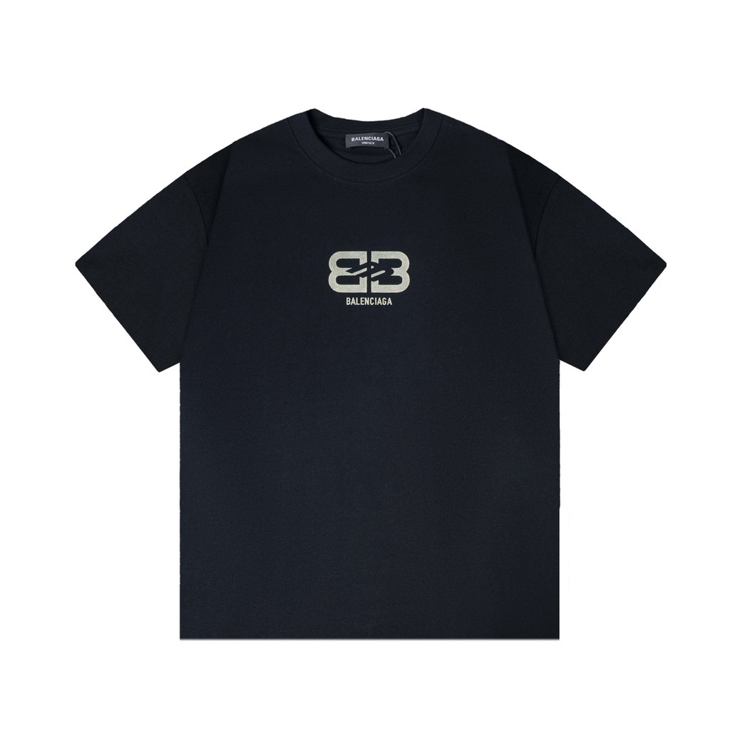 BALENCIAGA/BALENCIAGA/2026 คลาสสิกรอบคอแขนสั้นเสื้อยืดผู้ชายผู้หญิงสไตล์ผ้าฝ้าย 100% พิมพ์เสื้อยืดคม