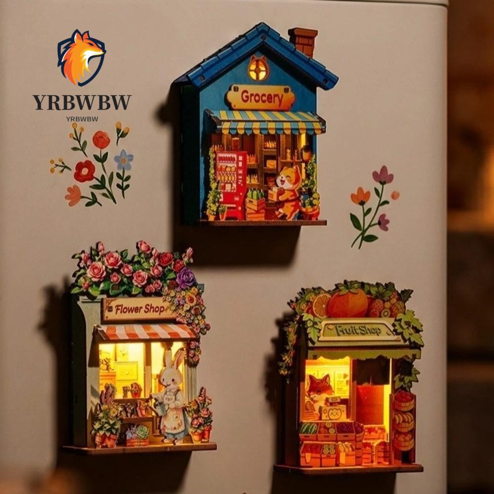 YRBW DIY ไม้ Mini House, สัตว์ Shop DIY Handcraft ตู้เย็นแม่เหล็ก DIY, ตกแต่งบ้านพร้อม Light Mini Ho