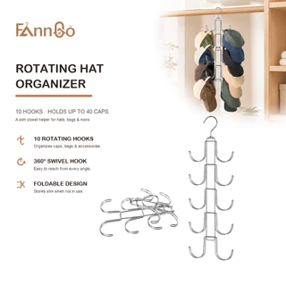 FannGo ที่จัดระเบียบหมวกแบบพับได้สําหรับตู้เสื้อผ้า (1 ชิ้น) | ตะขอขนาดใหญ่หมุนได้ 10 ชิ้น, ใส่หมวกเบสบอลได้ถึง 40, ชั้นวางหมวกประหยัดพื้นที่โลหะสีเงินสําหรับแสดงและการจัดเก็บ