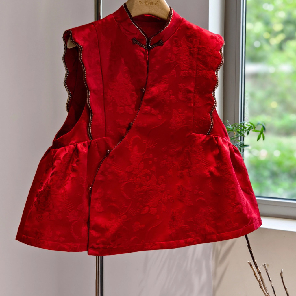 Keep Warm Outer Wear National Buckle Quilted Vest High-End สีแดงแฟชั่นใหม่สไตล์จีน Bud Vestผู้หญิง