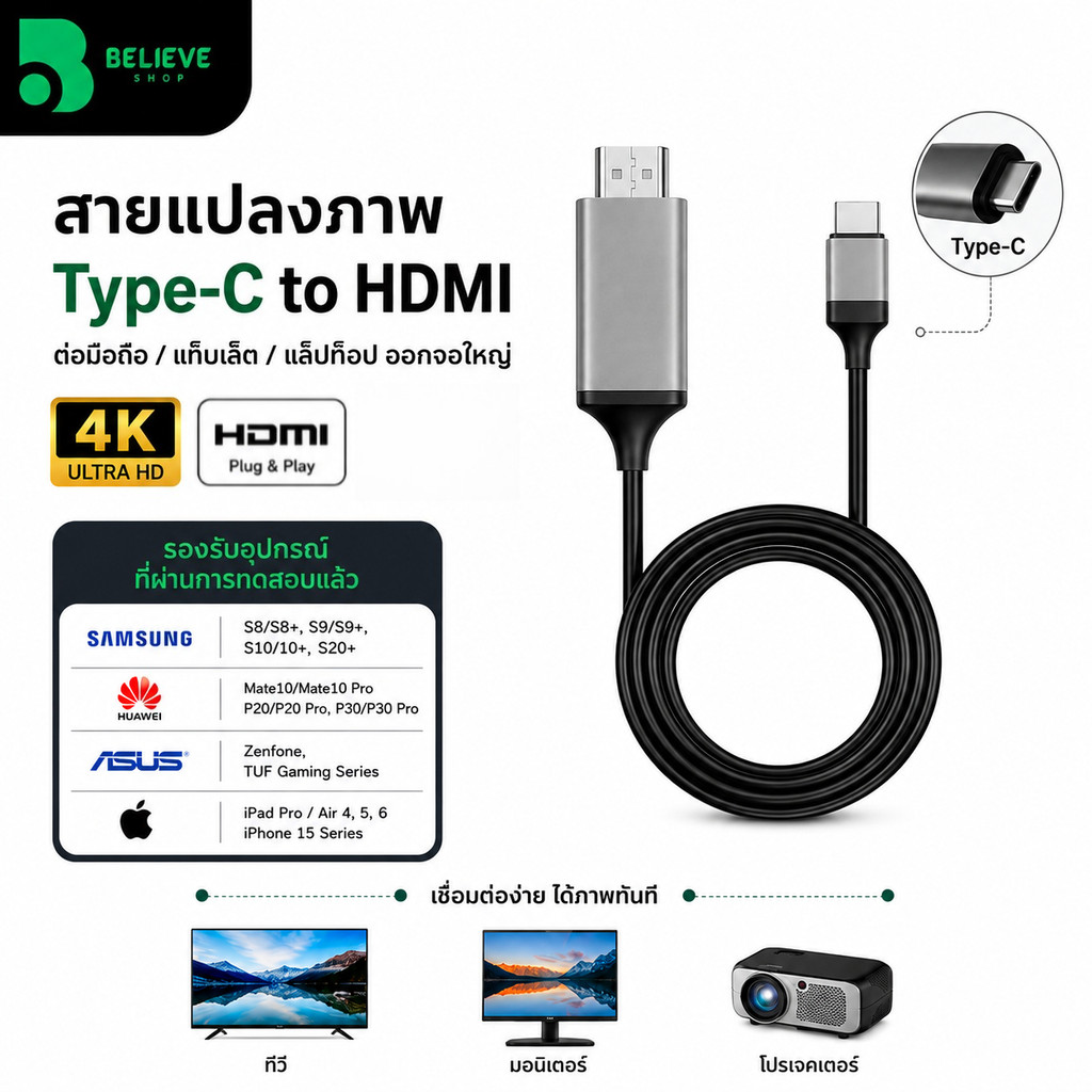 สายแปลง USB Type-C to HDMI 4K ต่อมือถือออกทีวี/มอนิเตอร์/โปรเจคเตอร์ รองรับ Android ไม่รองรับ iOS