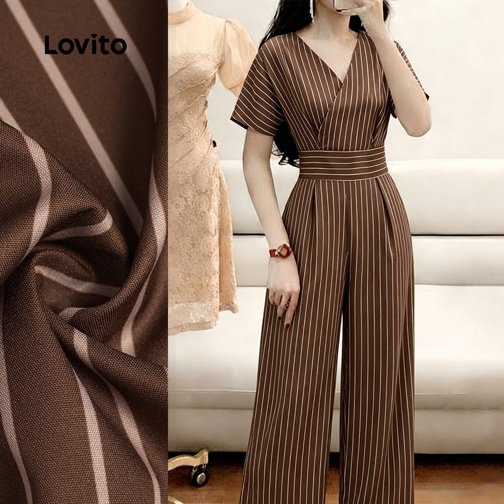 Lovito จั๊มสูทลําลองสําหรับผู้หญิง ลายเส้นโครงสร้าง สีเอิร์ธโทน น้ําตาล เหมาะสําหรับฤดูใบไม้ผลิ/ฤดูร้อน LK6LD424