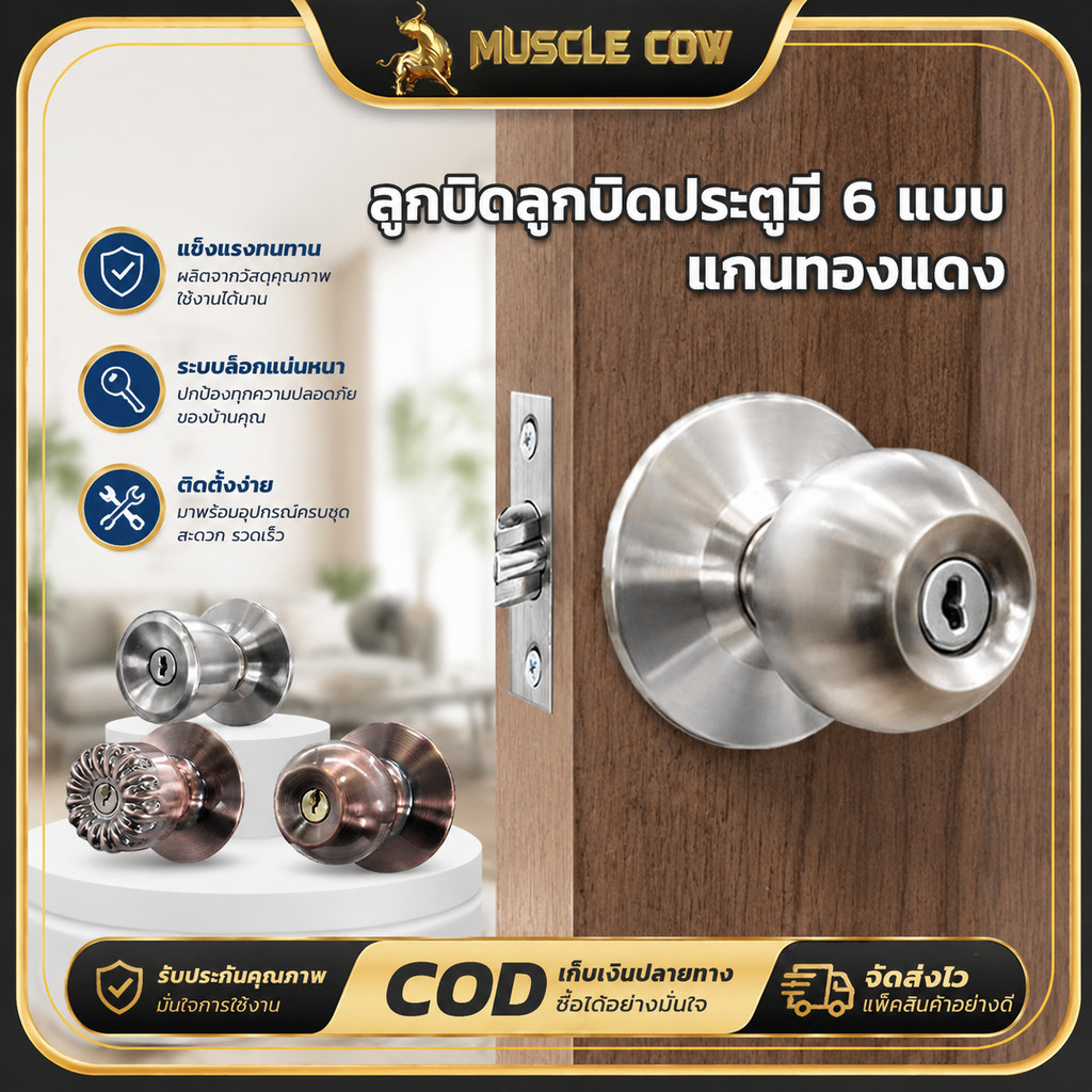 MUSCLE COWลูกบิดประตูสแตนเลส ลูกบิดสแตนเลส (มีกุญแจ) กันสนิม ติดตั้งง่าย ใช้สำหรับประตู ลูกบิดประตู