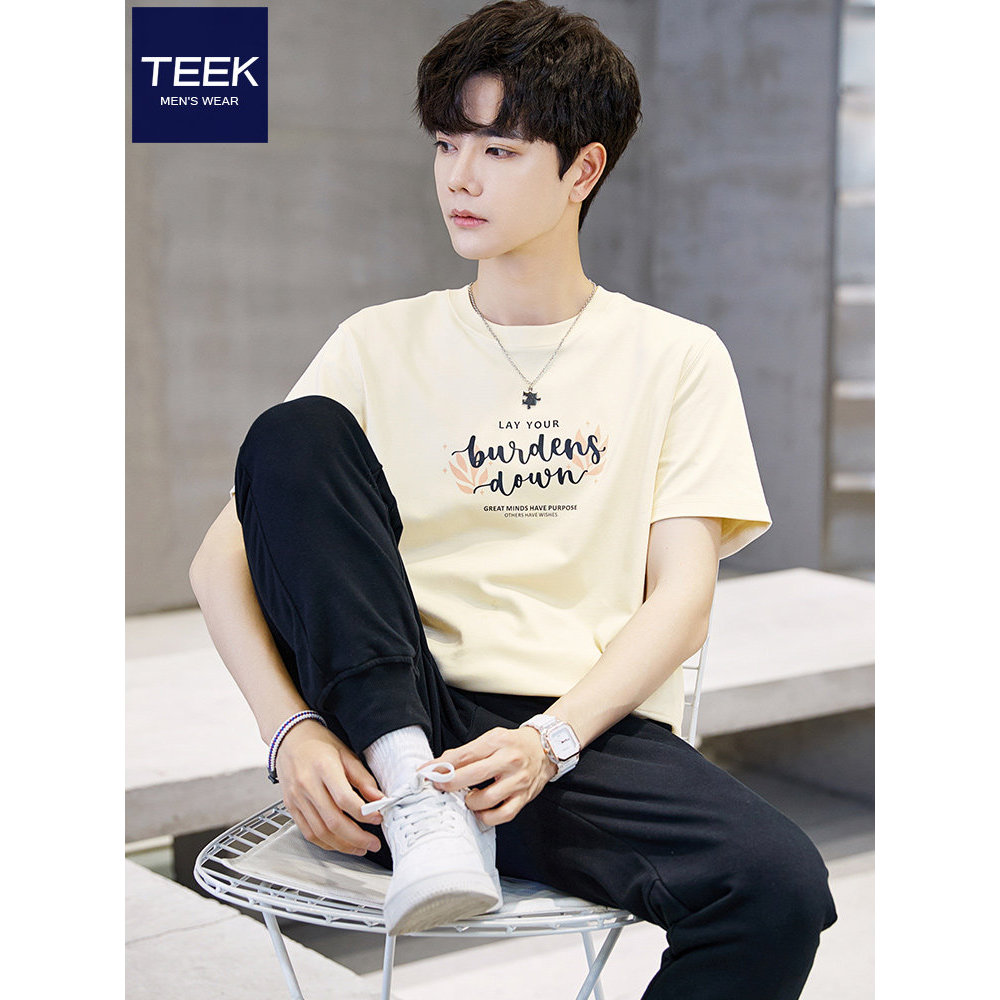 ทีEEK ฤดูร้อนผ้าฝ้ายแท้แขนสั้นผู้ชายเสื้อยืดฤดูร้อน โดปามีน สวมครีมแอปริคอทวัยรุ่นอินเทรนด์แบรนด์อิน