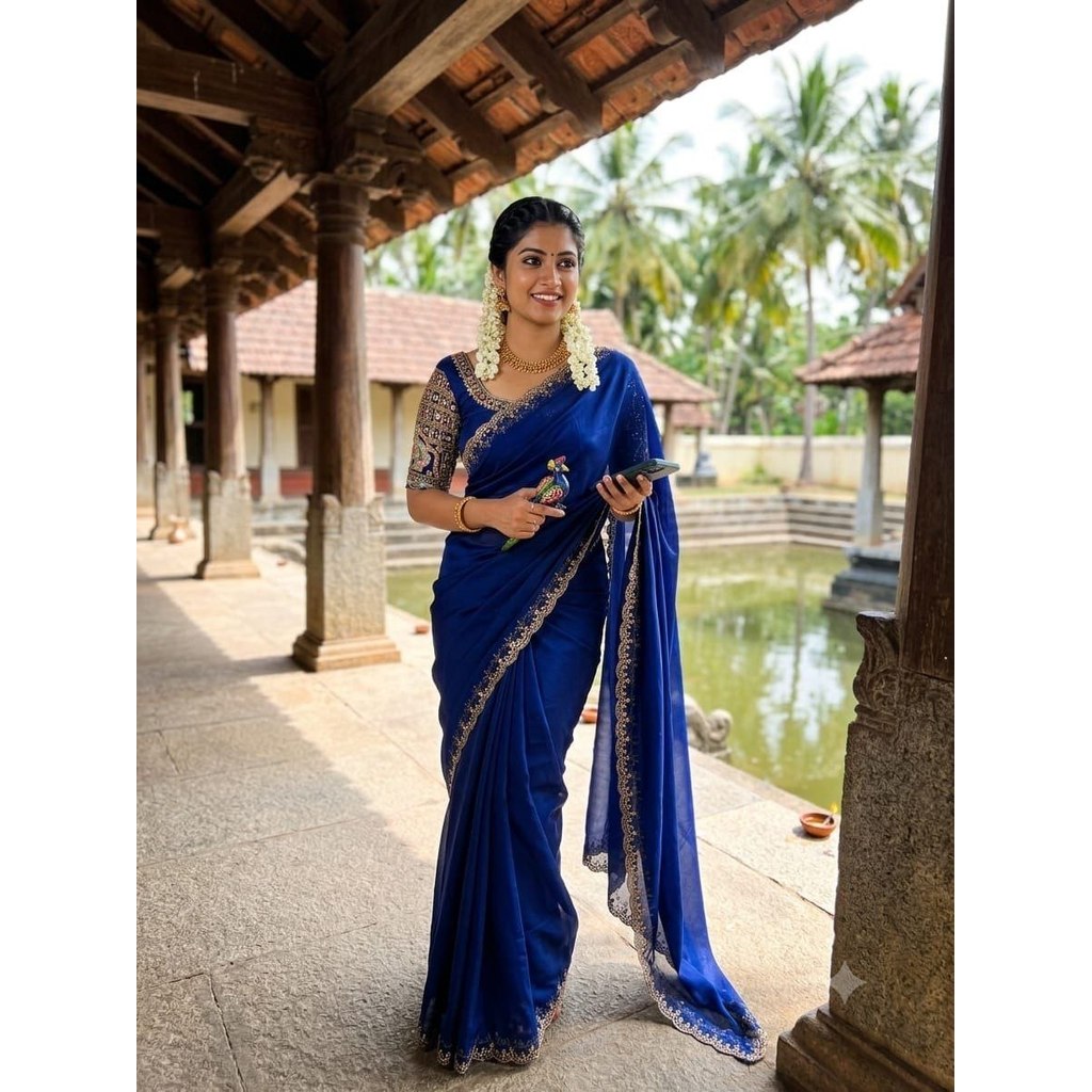 MK1526 SAREE *มาใหม่ SAREE Rangoli Chiffon Saree Emrody Cut Work Saree