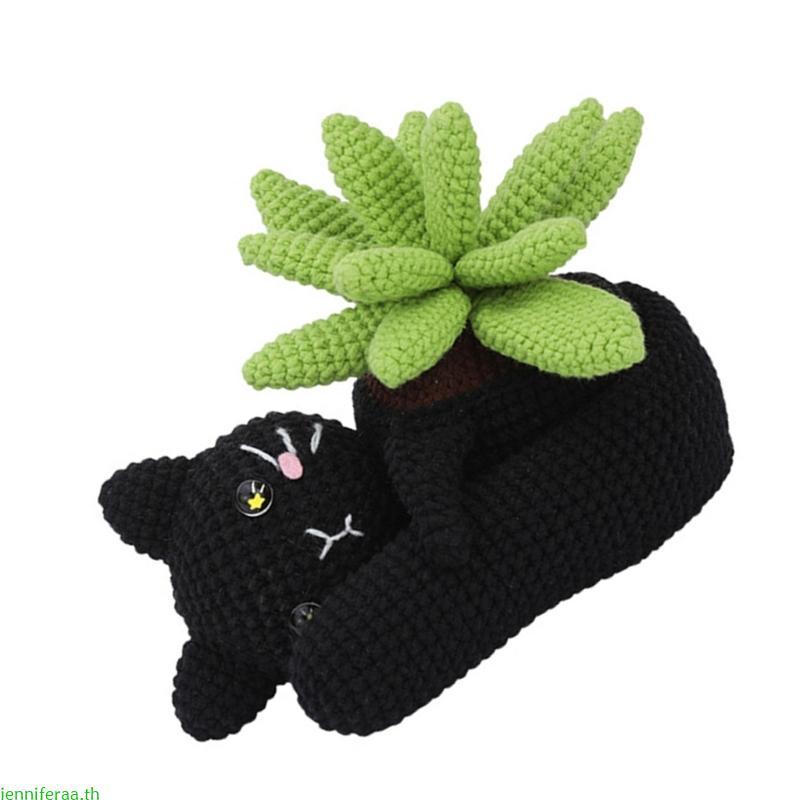 Jenniferaa DIY โครเชต์ Cat และกระบองเพชรกระถางต้นไม้ชุดสําหรับเริ่มต้นด้วยเส้นด้ายโครเชต์ตะขอเข็มถัก