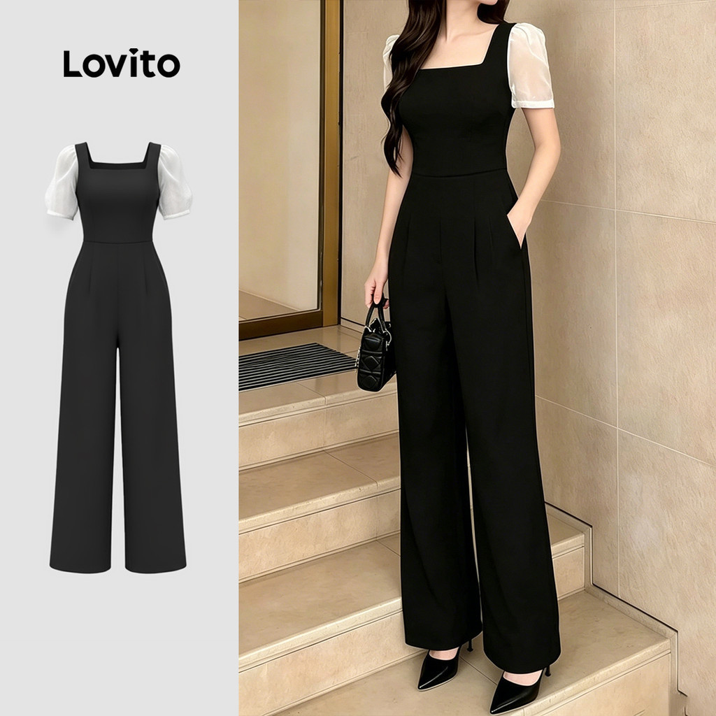 Lovito จั๊มสูทสีดําสําหรับฤดูใบไม้ผลิ/ฤดูร้อนสําหรับผู้หญิง ดีไซน์บล็อกสี ใส่สบายแต่มีสไตล์ LK4ED1535