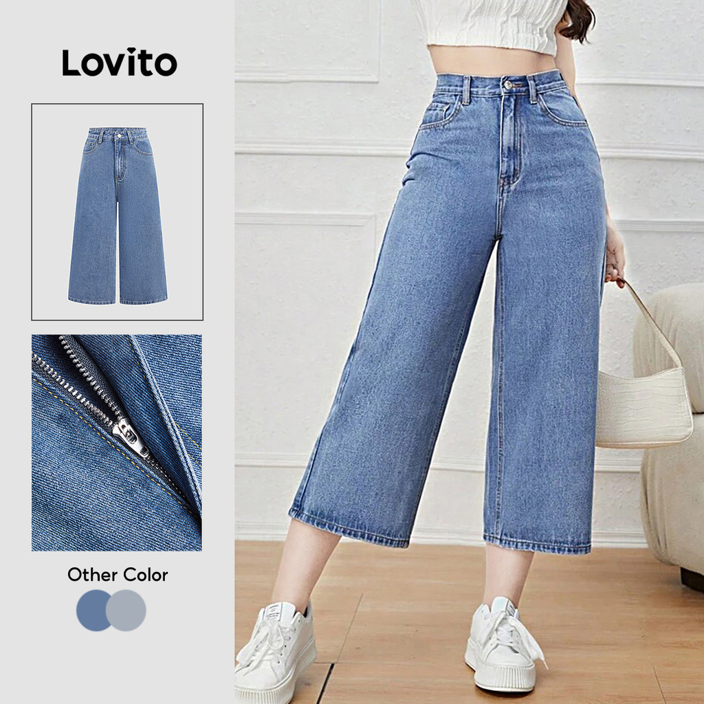 (New Arrival) Lovito กางเกงยีนส์ผู้หญิง สีฟ้าอ่อน ทรงปกติ ซักแล้ว สําหรับฤดูใบไม้ผลิ/ฤดูร้อน เกาหลี อินเทรนด์ L195AD096