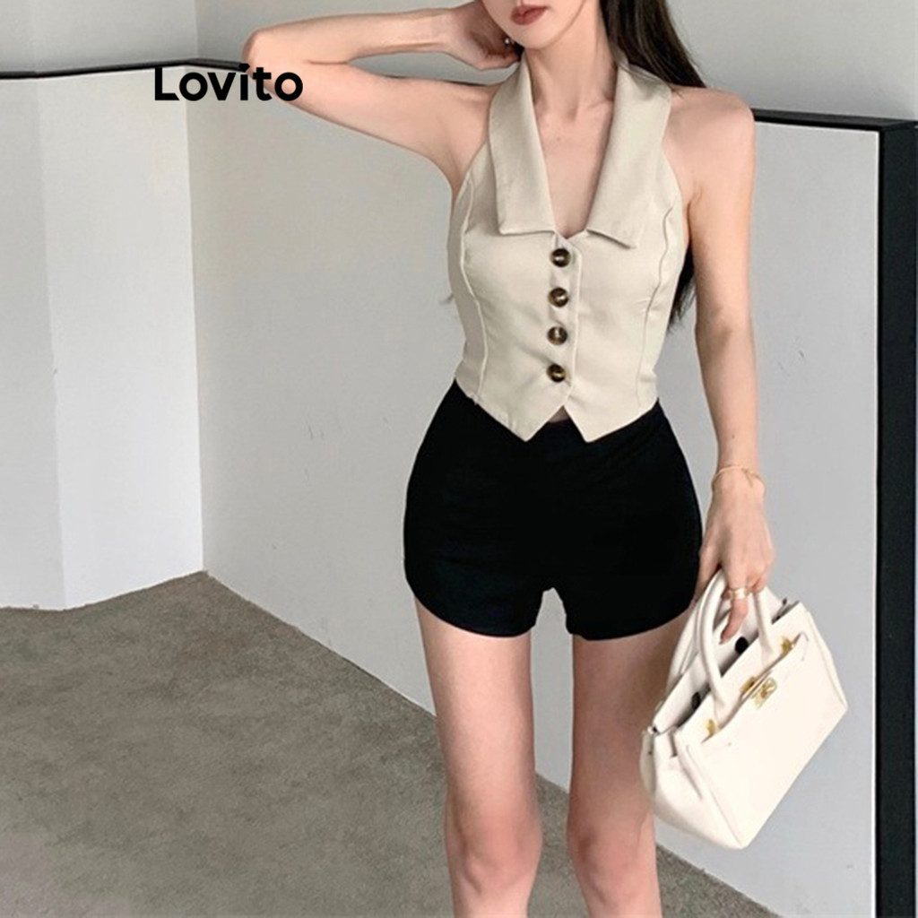 (สง่างาม) Lovito เสื้อคล้องคอผู้หญิง มีกระดุมด้านหน้า สีพื้น สไตล์ L86ED236
