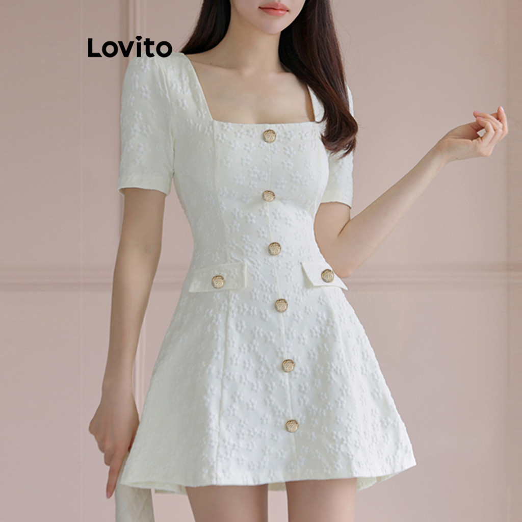 Lovito สง่างาม ชุดเดรสหรูหราปุ่มด้านหน้ากระเป๋าปลอมฤดูร้อน/ชุดเดรสฤดูใบไม้ผลิสําหรับผู้หญิง LNE57329