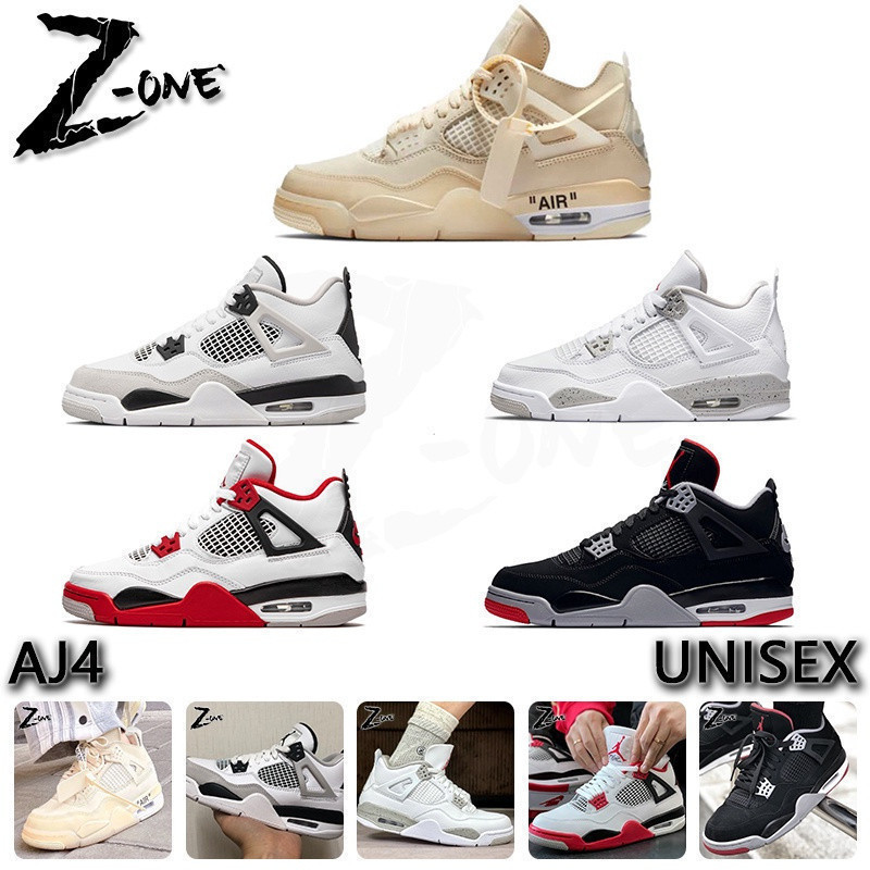 [สต๊อกพร้อมจัดส่งฟรี]ในสต็อก Unisex Air 4 AJ4 OFF-WHITE " Sail " " Bred " " Fire Red " รองเท้าบาสเก็