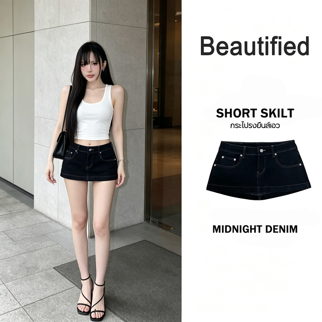 Beautified กระโปรงยีนส์เอวต่ำ ทรง Mini skirt ผ้าดี มีซับใน 3 สี Midnight Denim สำหรับผู้หญิง พร้อมส่งจากไทย S-XL V163