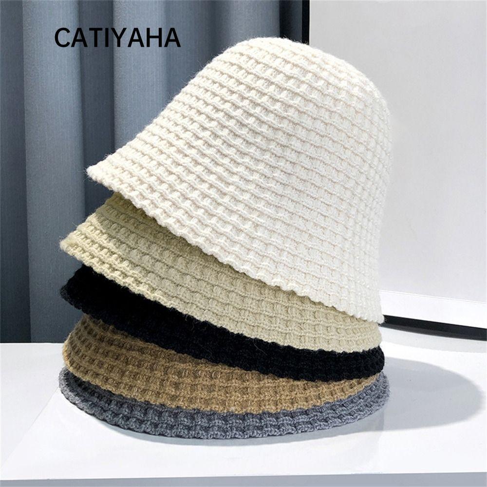 CATIYAHA ถัก Busket หมวก, โครเชต์ถักหมวกชาวประมงที่อบอุ่น, Casual Soft Beanie หมวกผู้หญิง