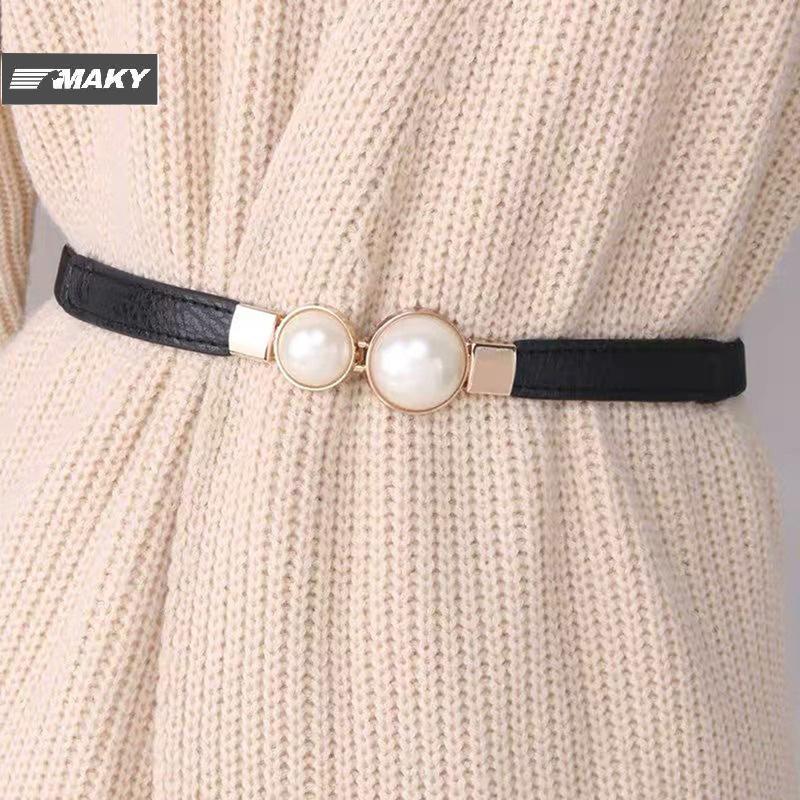 [MAKY] เข็มขัด Bule Pearl PU หนังชุดกระโปรงเอวยืดหยุ่นบางเข็มขัดผู้หญิงสุภาพสตรีเข็มขัดอุปกรณ์เสริม TH