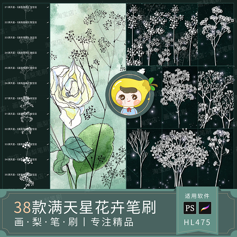 Procreate Brush ps Brush Small Fresh Gypsophila Flower Plant Hand-Painted Bouquet ดอกไม้ตกแต่งสาขาดอ