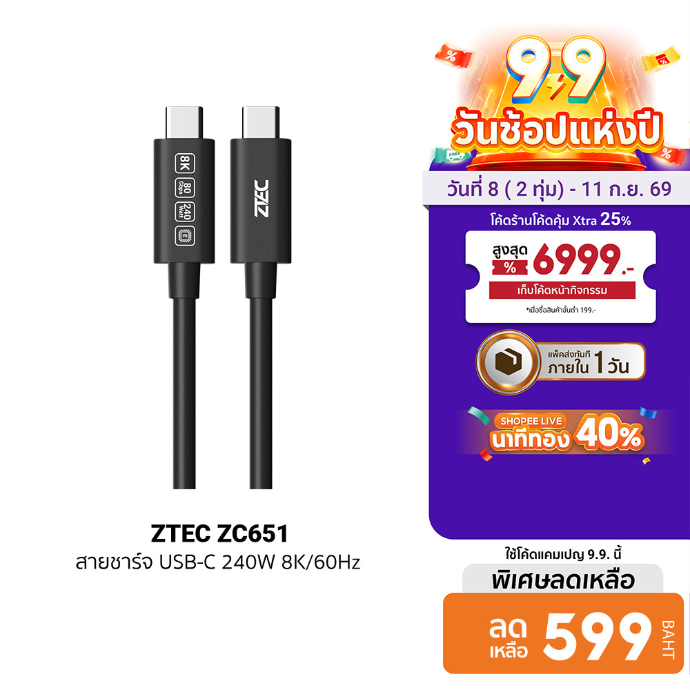ZTEC Thunder 5 Cable ZC651 สายชาร์จ ส่งข้อมูล 80Gbps USB4 240W 8K/60Hz -2Y