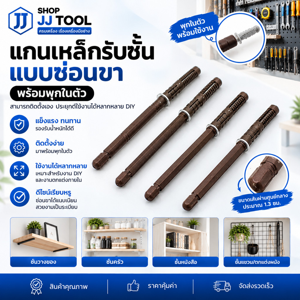 *พร้อมส่งในไทย* แกนเหล็กรับชั้น แบบซ่อนขา พร้อมพุกในตัว สำหรับ D.I.Y. ชั้นวางของ ชั้นติดผนัง ราคา/1ชิ้น
