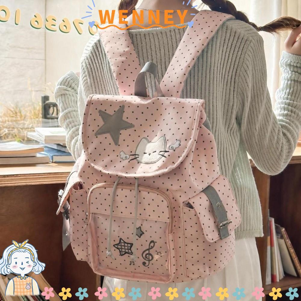 WEY Drawstring Backpack, Sweet Cat Nylon Ita Backpack, Kawaii Large Capacity Polka Dot Travel Daypac