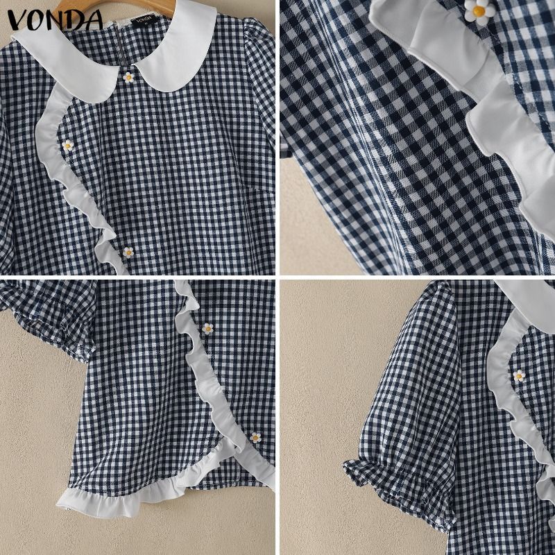 VONDA ผู้หญิง Vintage Girlish Fresh Academy ลายสก๊อต Peter Pan Collar ไม่สม่ําเสมอ Asym Placket ลูกไม้ Trim พัฟแขน Cropped เสื้อ — صورة 8