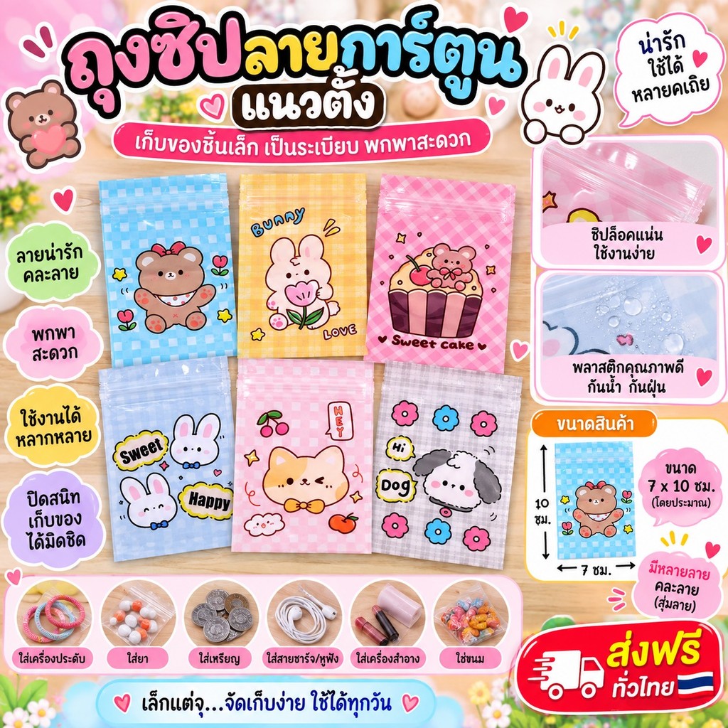 365mallshop ถุงซิปพลาสติกพิมพ์ลายน่ารัก ขนาดยาว12 สูง16cm. ใส่แมส,ขนม,กิ๊บช็อป 001