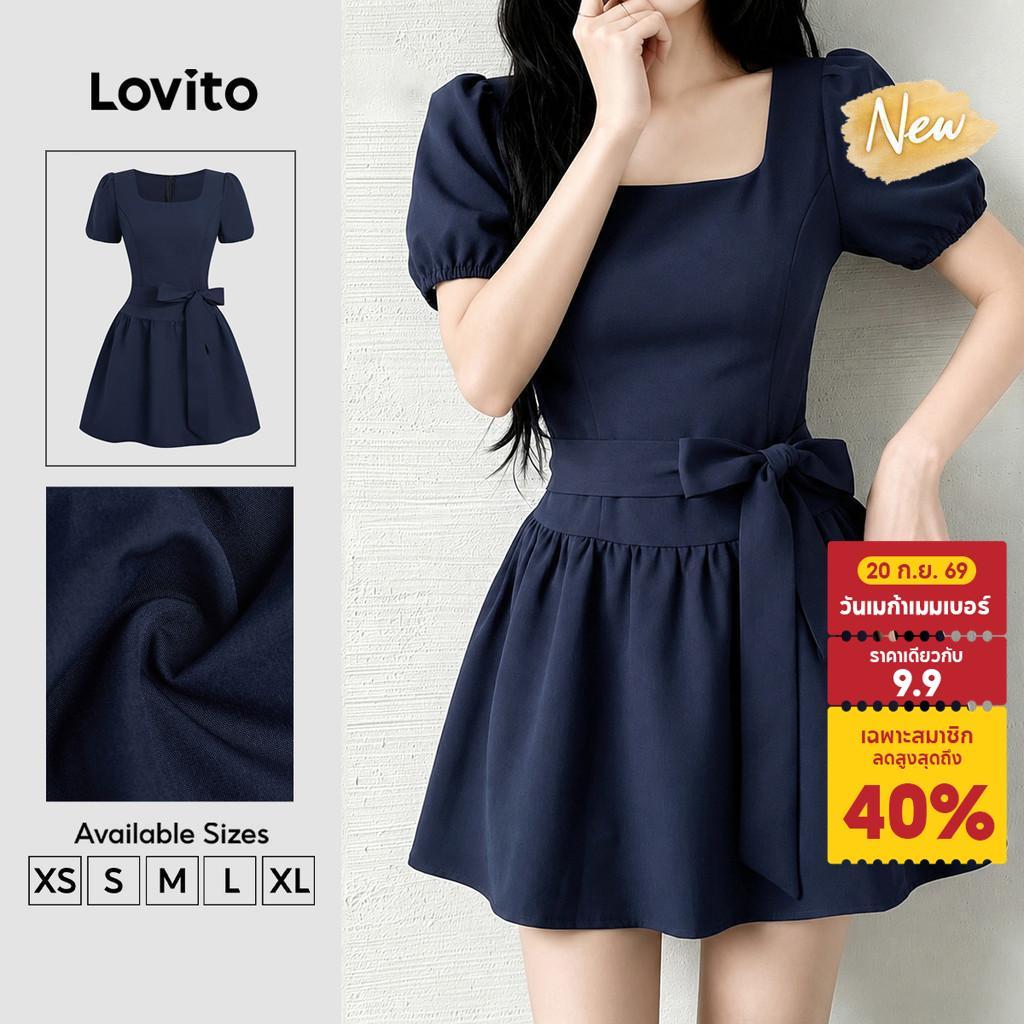 (New Arrival) Lovito ชุดเดรสลําลองผูกเชือกสําหรับฤดูใบไม้ผลิและฤดูร้อน เดรสสีน้ําเงินกรมท่าสําหรับผู้หญิง DRB203TD008