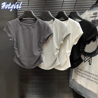 Hotgirl พร้อมส่ง เสื้อยืดผู้หญิง เสื้อแฟชั่น ผ้ายืดรูปทรงสวย น่ารัก ด้านข้างออกแบบจีบ แขนสั้นคอกลม สไตล์ย้อนยุคเกาหลี