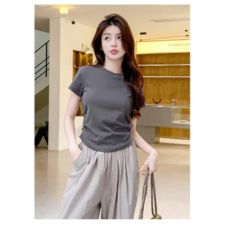 Hotgirl พร้อมส่ง เสื้อยืดผู้หญิง เสื้อแฟชั่น ผ้ายืดรูปทรงสวย น่ารัก ด้านข้างออกแบบจีบ แขนสั้นคอกลม สไตล์ย้อนยุคเกาหลี