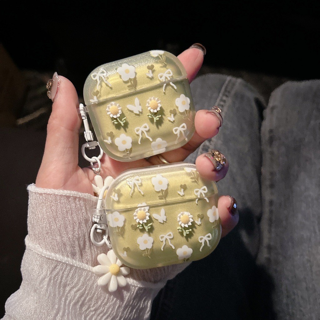 เคสหูฟัง Airpods4 ดอกไม้เขียวเล็ก เคสใสการ์ตูนนูน Airpods เคสหูฟังบลูทูธ เคสหูฟังไร้สาย 1 2 pro2 gen